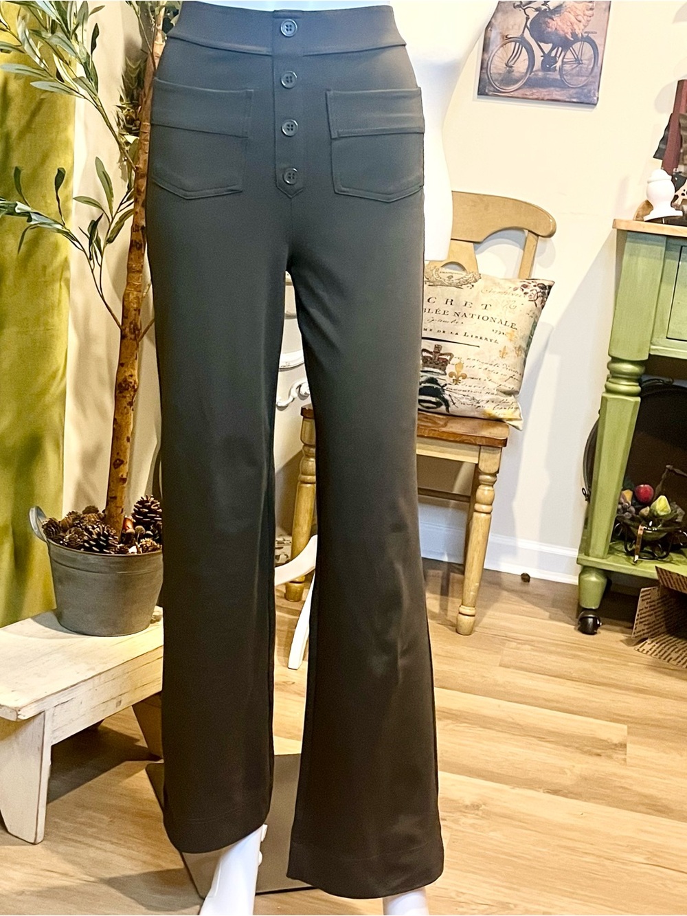 Halara High-Waisted Wide-Leg Pants XXS Olive Green Button Front 4-Pocket